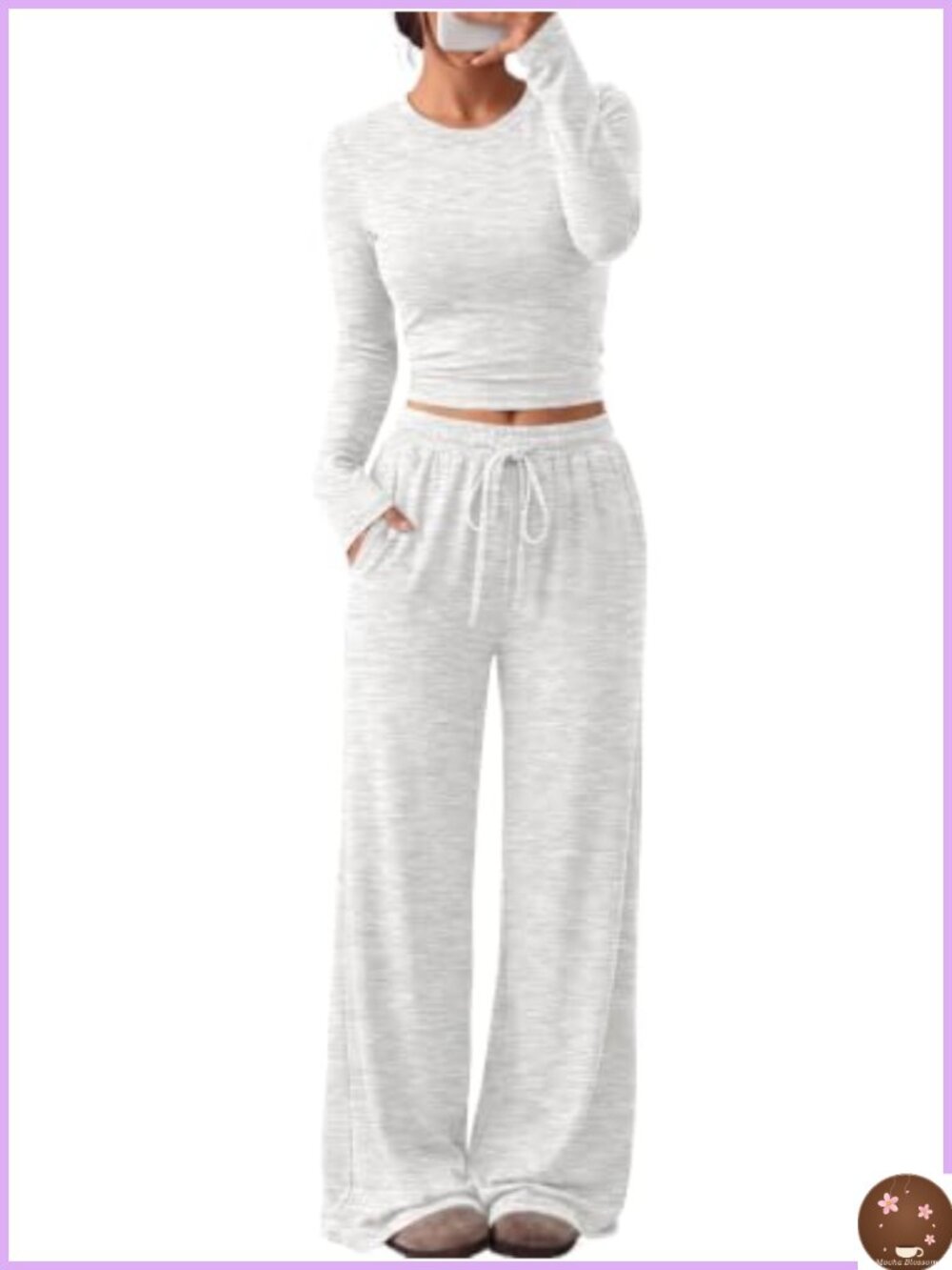 2 Piece Lounge Set Women Wide Leg Pants Long Sleeve Side Ruched Top Drawstring